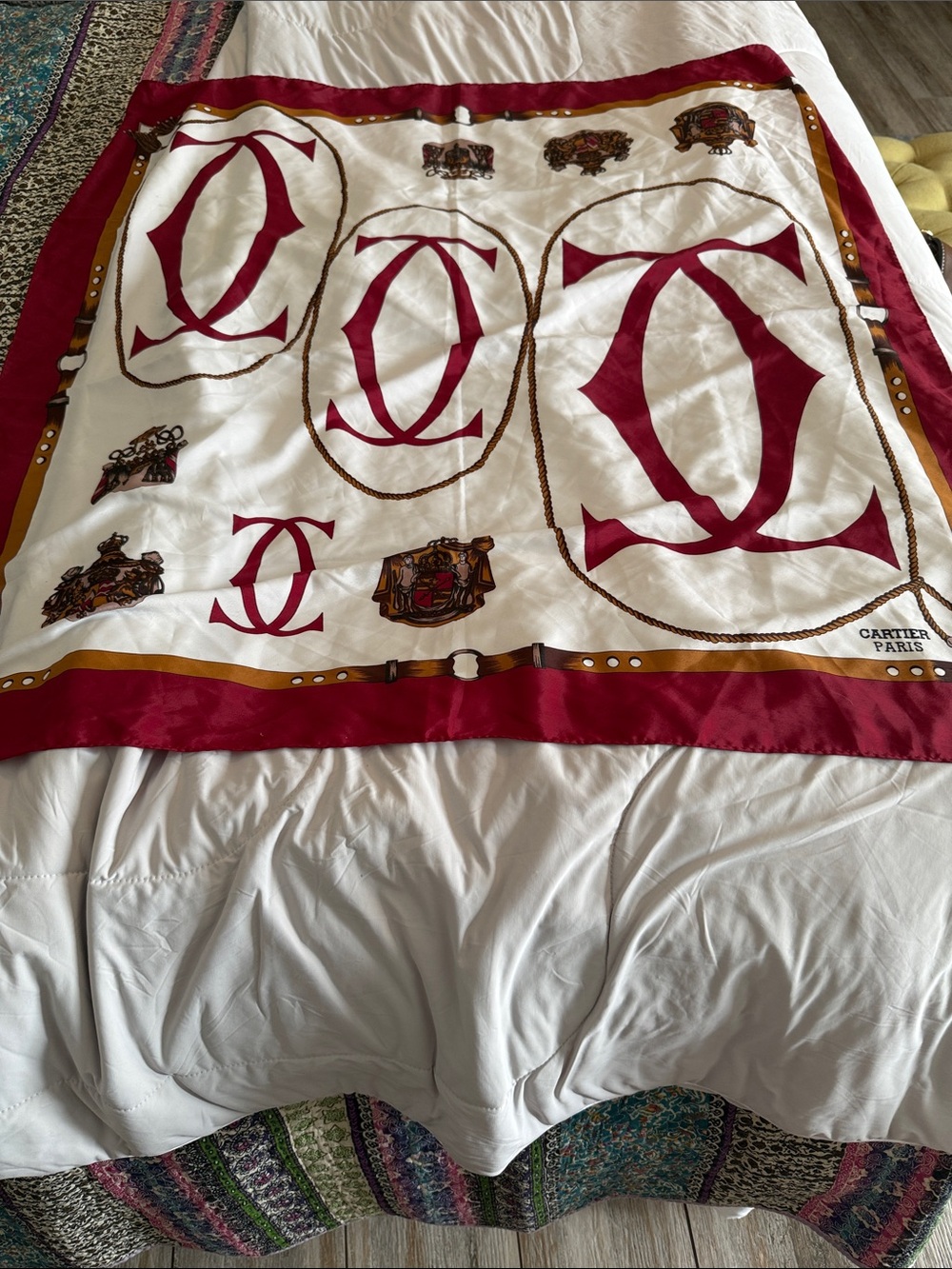 Cartier Silk Scarf in Burgundy, Cream and Gold Rope Motif